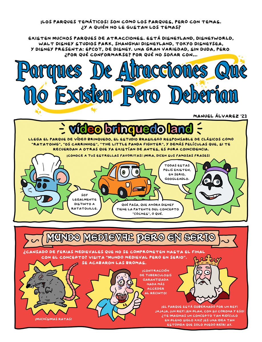 xManuelAlvarez's tweet photo. PARQUES TEMÁTICOS QUE NO EXISTEN PERO DEBERÍAN.
unas páginas que hice para @eljueves en julio 2023. https://t.co/BEpIdzanSt
