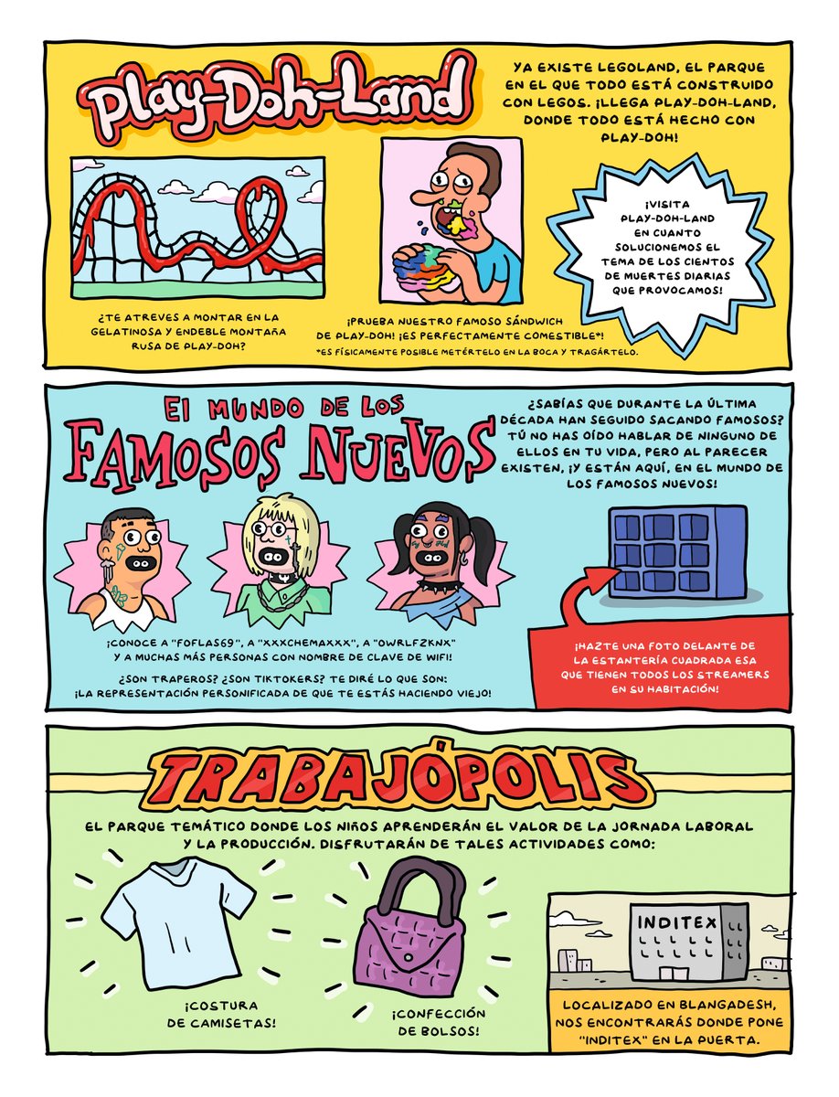 xManuelAlvarez's tweet photo. PARQUES TEMÁTICOS QUE NO EXISTEN PERO DEBERÍAN.
unas páginas que hice para @eljueves en julio 2023. https://t.co/BEpIdzanSt