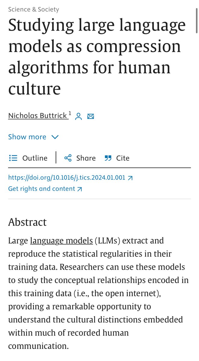 What can ChatGPT and other large language models (LLMs) tell us about people? As a collection of compressed cultural artifacts, LLMs potentially allow for the study of culture at a massive scale. But caution is needed. 1/n 🧵 Now out at TiCS