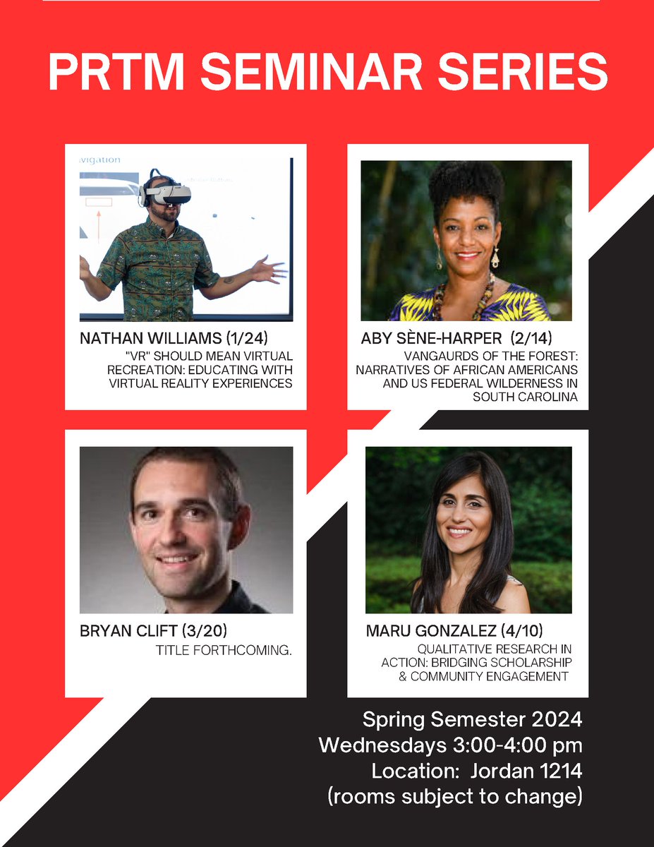 TOMORROW: PRT Instructor Nathan Williams will be first up in our PRTM Spring Seminar Series this semester!   The event will be held tomorrow, Wednesday, January 24th, at 3 pm in Jordan Hall room 1214.  Join us!