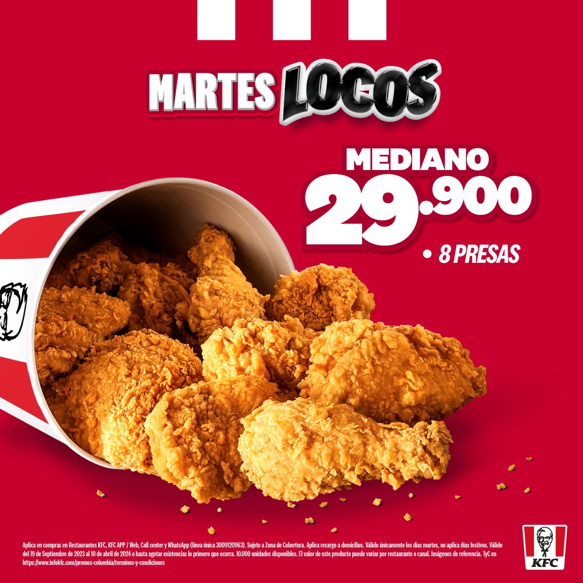kfccolombia's tweet photo. Tenemos un pequeño recordatorio para los #KFCLovers. 🍗🎊 Vive #MartesLocos con las mejores promos para darle ese toque de sabor a tu día. 🤤 https://t.co/xlUpE8PvXp