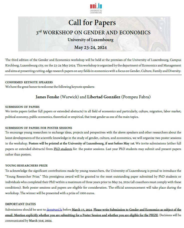LibertadGonLu's tweet photo. If you're interested in gender and economics, join us in Luxembourg for this workshop on May 23-24. Junior researchers are encouraged to apply! Submission deadline March 15 📝 https://t.co/jeWYump5eD
