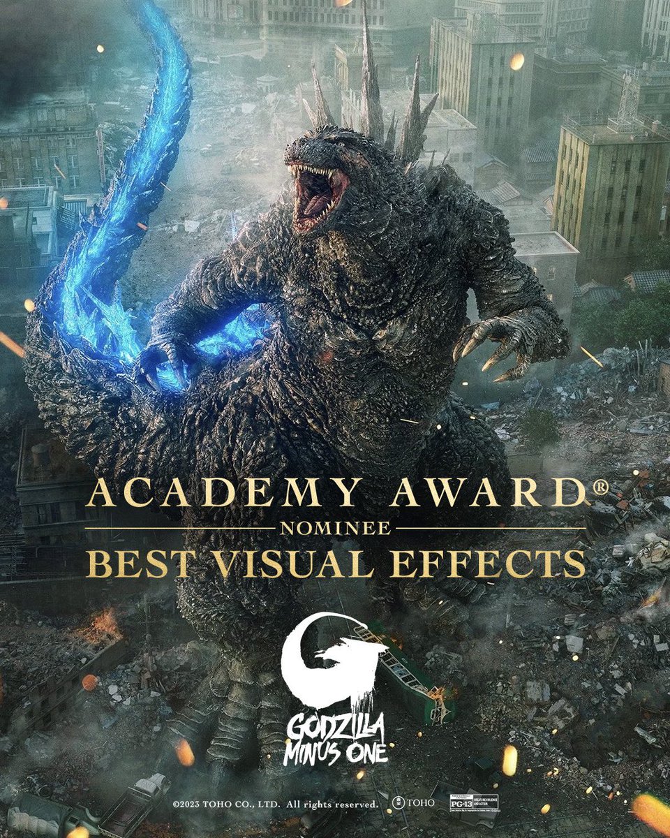 『ゴジラ-1.0』
第96回アカデミー賞 視覚効果賞ノミネート！！

授賞式は現地時間3月10日(日)にアメリカ・ロサンゼルスにて実施されます。
楽しみに待ちましょう！

また、全世界興収は1億ドルを突破しました！

ありがとうございます！

#ゴジラマイナスワン
#ゴジラ
#GodzillaMinusOne