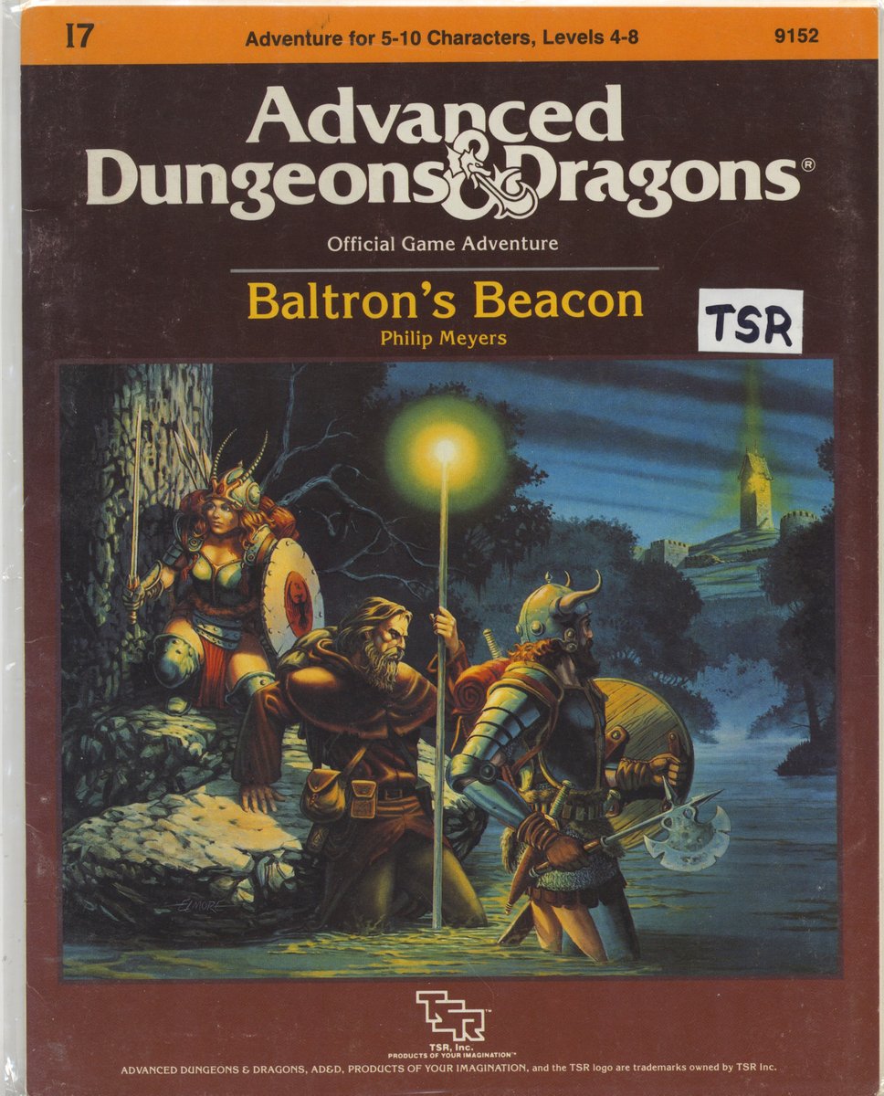Loston_Wallace's tweet photo. #TSRModule #I7BaltronsBeacon #AdvancedDungeonsAndDragons
My copy of TSR Module I7: Baltron's Beacon is in good shape, with some cover shelf wear, & a piece of white tape with "TSR" written on it. Nice Elmore cover! @YoDanno @DaddyRolleda1 @MadameDM_DND @BugbearBrothers https://t.co/KRHcA0PZx3