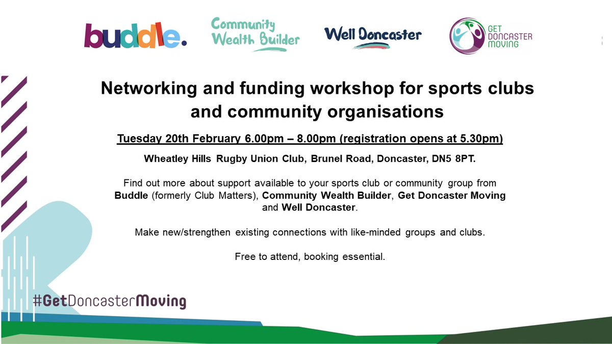 Working together to #GetDoncasterMoving Sports clubs & community groups are invited to a workshop on 20th Feb to find out more about support available & funding opportunities (with a physical activity/sport focus). Great networking opps too! Book 👉eventbrite.com/e/networking-a…