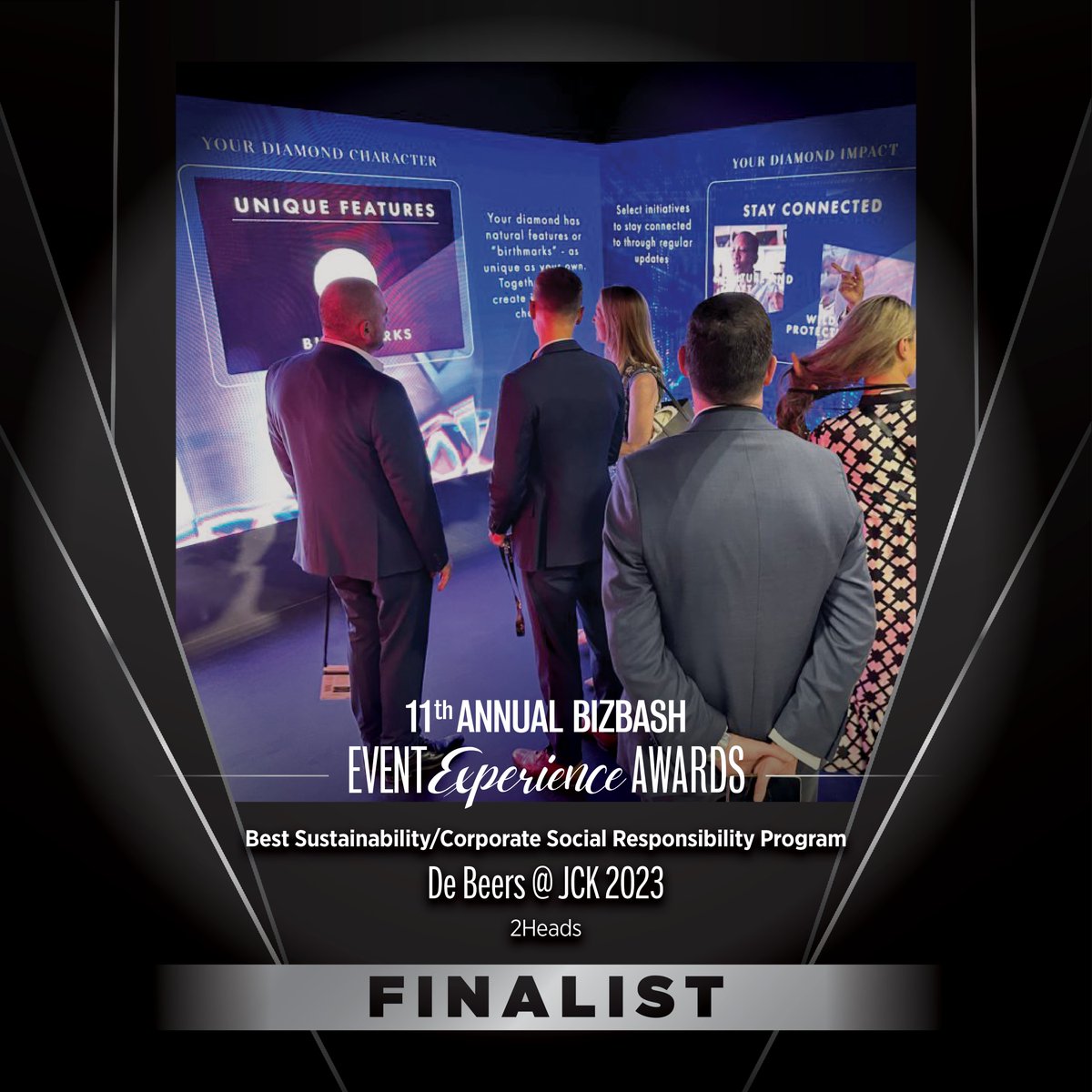 We are thrilled to announce that 2Heads have been nominated for TWO <a href="/BizBash/">BizBash</a> Event Experience Awards! 🎉 Our work with <a href="/debeersgroup/">De Beers Group</a> landed us finalists for Best Trade Consumer Show and Best Sustainability/Corporate Social Responsibility Program. Congratulations to all involved👏