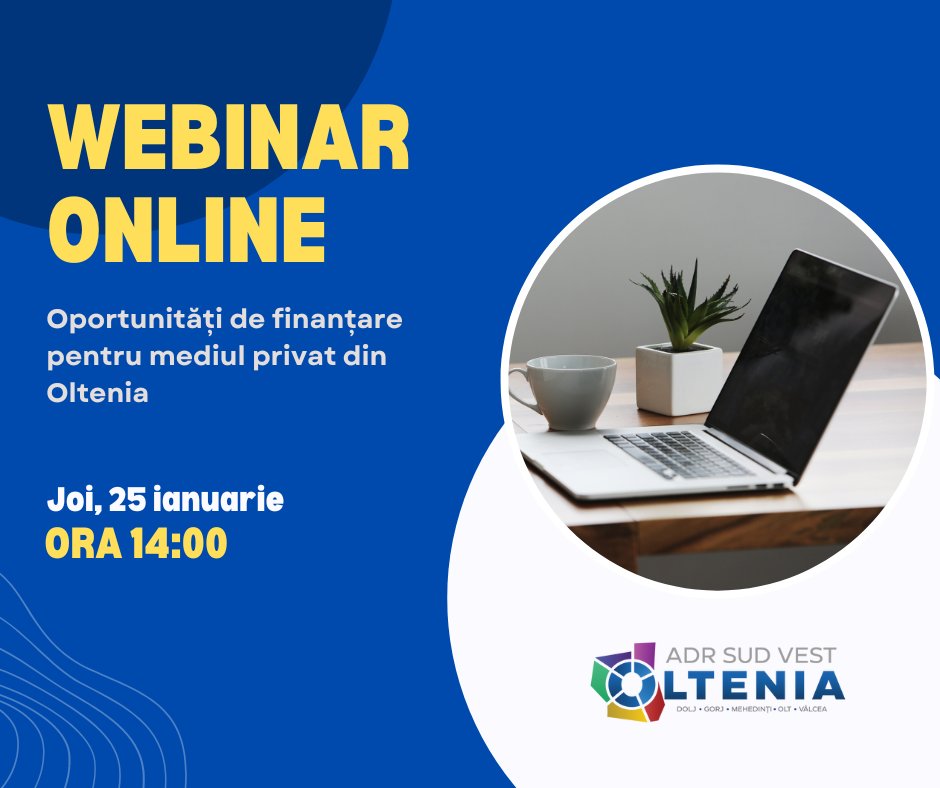 Webinar LIVE - joi, 25 ianuarie, ora 14:00. ADR Sud-Vest Oltenia prezintă oportunitățile de finanțare pentru mediul privat din regiune în cadrul programelor pe care le gestionează.
Link conectare: regiuneasudvest.webex.com/regiuneasudves…