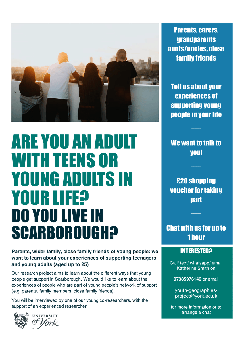Youth Geographies of Inequality (@youthgeography) on Twitter photo 📢 Get involved!
Are you an adult in Scarborough (UK) with teens or young adults in your life? e.g. a parent, carer, family member, close family friend. We want to hear your experiences of supporting young people! Email youth-geographies-project@york.ac.uk if you're interested 📢 Get involved!
Are you an adult in Scarborough (UK) with teens or young adults in your life? e.g. a parent, carer, family member, close family friend. We want to hear your experiences of supporting young people! Email youth-geographies-project@york.ac.uk if you're interested