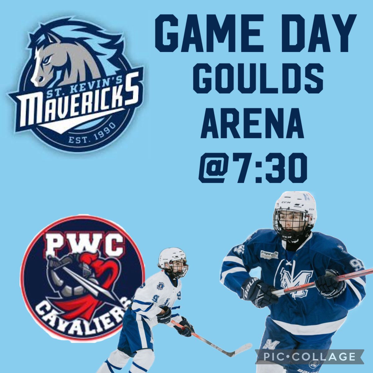 Mavs play pwc tonight last home game of the regular season @7:30 Goulds Arena only 3 games left in the regular season #eveyonebethere #dontmissout #bringthenoise #beloud #bleedblue💙 #giddyup #gomavs🏒 @pdubpuck_24 @st_kevins_high 💙🐴🏒🥅🚨