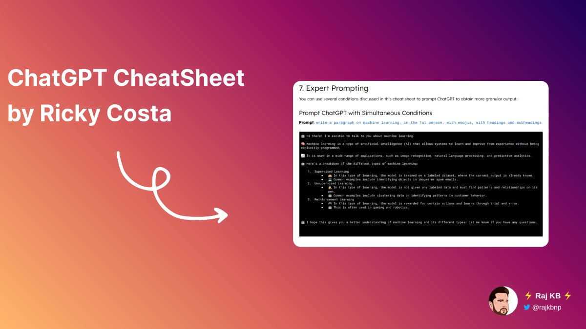 I love the #ChatGPT Cheat Sheet by Ricky Costa (@Quantum_Stat) which includes 🔹NLP Tasks 🔹Code 🔹Structured Output Styles 🔹Unstructured Output Styles 🔹Media Types 🔹Meta ChatGPT 🔹Expert Prompting Get your hands on this amazing resource at:i.mtr.cool/ehyhxpfexx