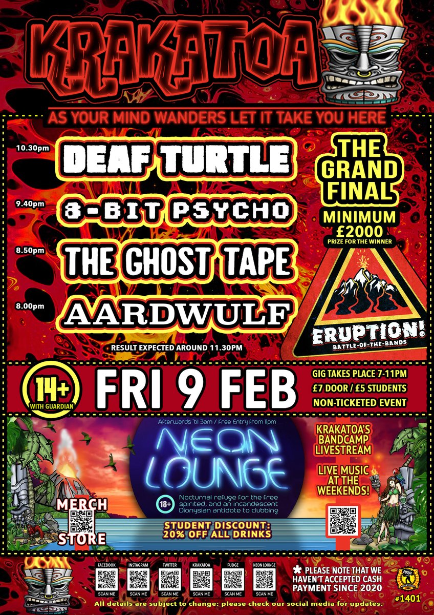 VolcanicTiki's tweet photo. #ERUPTION
We've done it, gang! We've only gone and reached the GRAND FINAL of Krakatoa's annual £2K BOTB, 'ERUPTION!'
It's season finale time. The last four bands left standing.
Join us early in February!
https://t.co/7NayTUy8rt
#DeafTurtle #8BitPsycho #TheGhostTape #Aardwulf https://t.co/38lsf1g1co