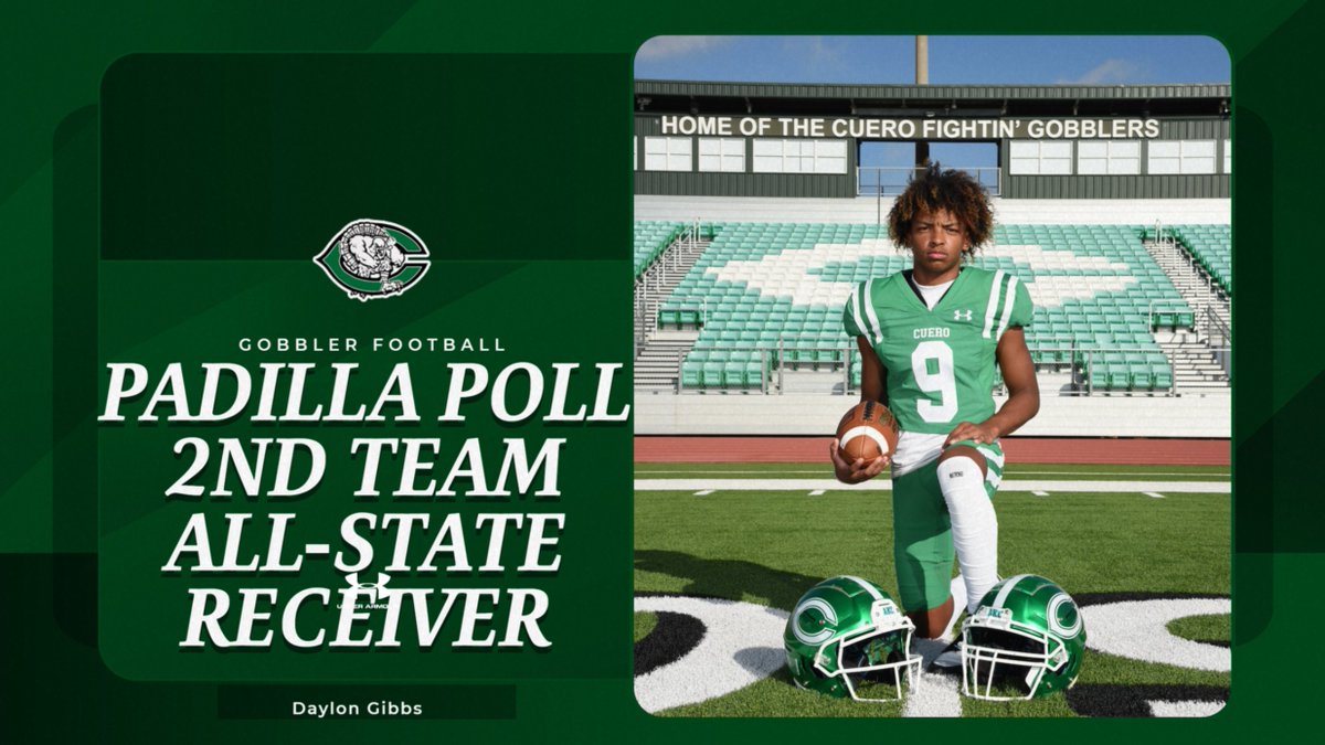 CueroAthletics's tweet photo. Congratulations to Gobbler senior Receiver Daylon Gibbs  for being selected to the Padilla Poll 4A-Div II All State Football team.  Great Job Gibby!  #AKC #GMG https://t.co/df3Z61SQZG