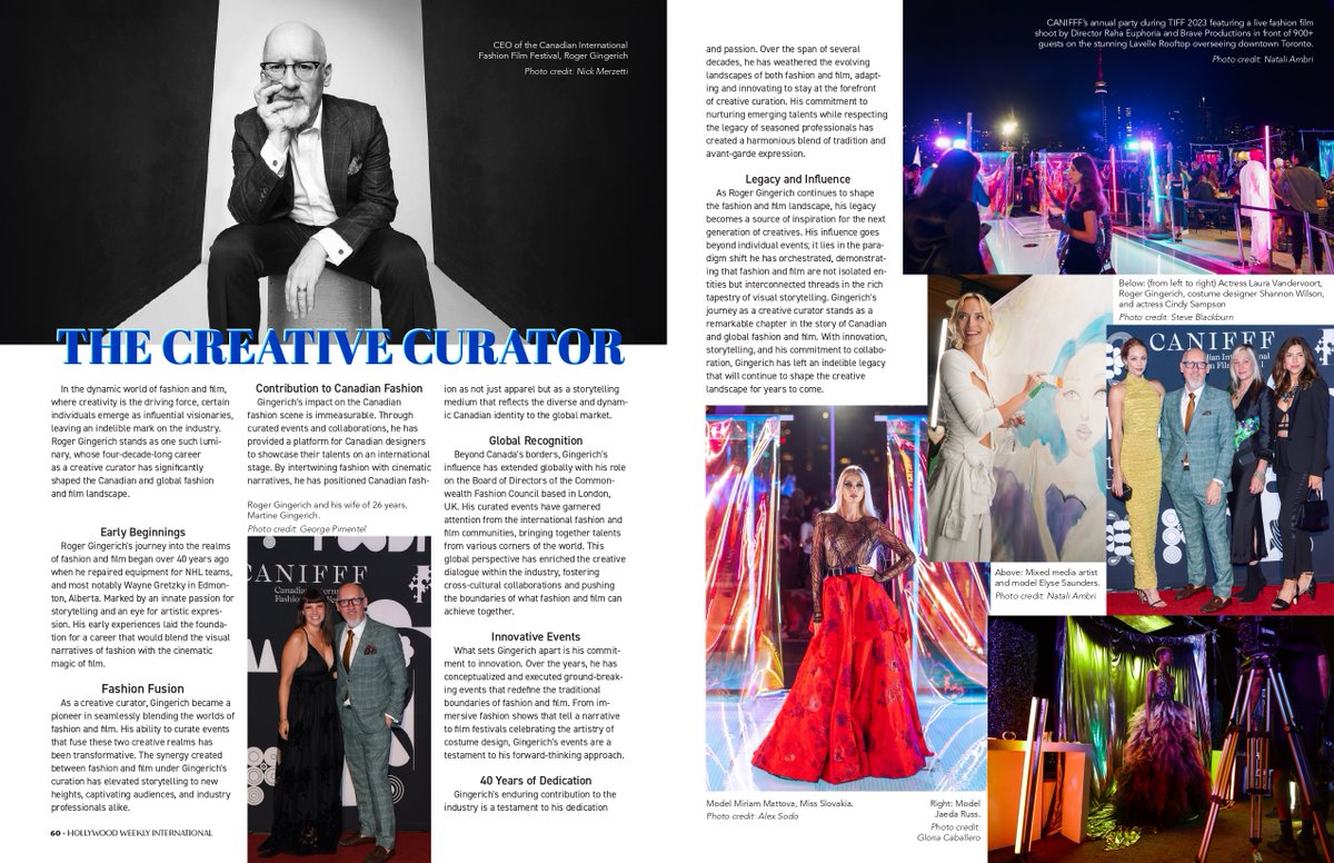 Beyond grateful. 🙏🏻 Thank you @hollywoodweekly , film industry magazine, for this incredible 2 page spread in your latest issue. “The Creative Curator” and profiling Canadian creatives on a global scale. <a href="/CANIFFF_ca/">The Canadian International Fashion Film Festival</a>