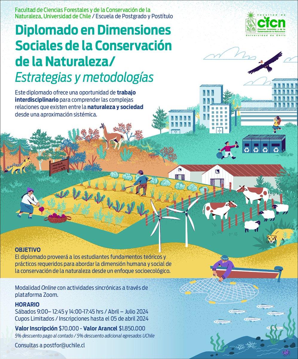 🌿✨La Escuela de Postgrado y Postítulo de nuestra Facultad presenta el nuevo Diplomado online en Dimensiones Sociales de la Conservación de la Naturaleza: "Estrategias y Metodologías".

✉️postfor@uchile.cl
🌐uchile.cl/n213272
📆 Inscripciones abiertas hasta el 5 de abril