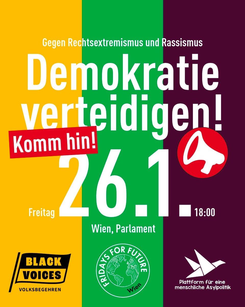 🔥Demokratie verteidigen🔥
Demokratie ist unser höchstes Gut. Deshalb rufen wir zu einer Großkundgebung für unsere Demokratien, eine klimagerechte Zukunft &amp; gegen Rechtsextremismus &amp; Rassismus auf ‼️ 
➡️ Fr, 26.1.2024
➡️ 18 Uhr
➡️ vor dem Parlament in Wien
#DemokratieVerteidigen