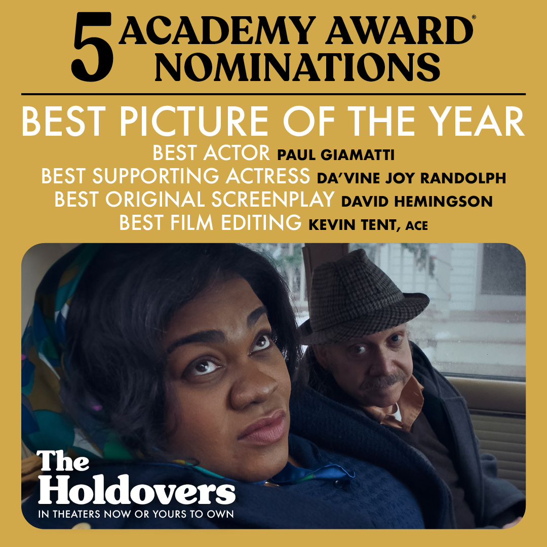 #TheHoldovers receives five Academy Award nominations, including Best Picture, Best Actor (Paul Giamatti), Best Supporting Actress (Da'Vine Joy Randolph), Best Original Screenplay, and Best Film Editing. Congratulations to the team!