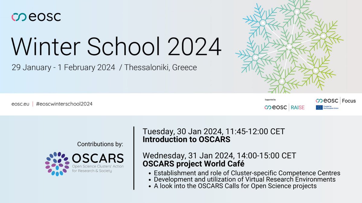 OSCARS will be present at the @eoscassociation Winter School: Thessaloniki, 29/01 - 01/02 eosc.eu/eosc-focus-pro… Meet us at our World Café to jointly explore 3 main topics: 📌Cluster-specific Competence Centres 📌Virtual Research Environments 📌Open Calls for research projects