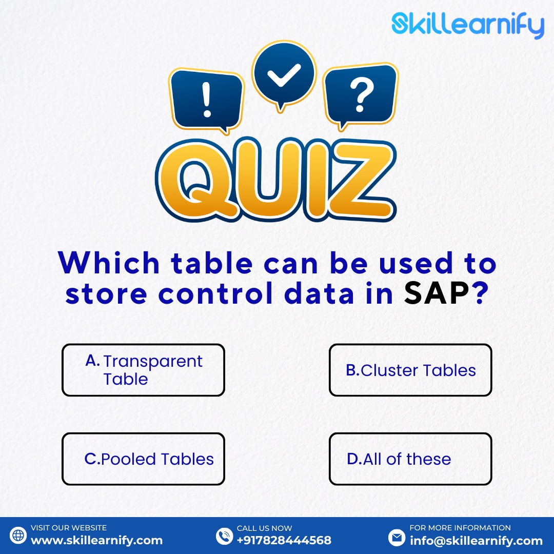 Skillearnify's tweet image. Calling all SAP enthusiasts! 🌐 Can you conquer today&apos;s Quiz of the Day? 

Contact Us: +917828444568
Email us for more information: info@skillearnify.com
Visit Us: skillearnify.com

#quiz #sapquiz #sap #sapcourse #sapcommunity #saplearning #LearnWithUs
#skillearnify