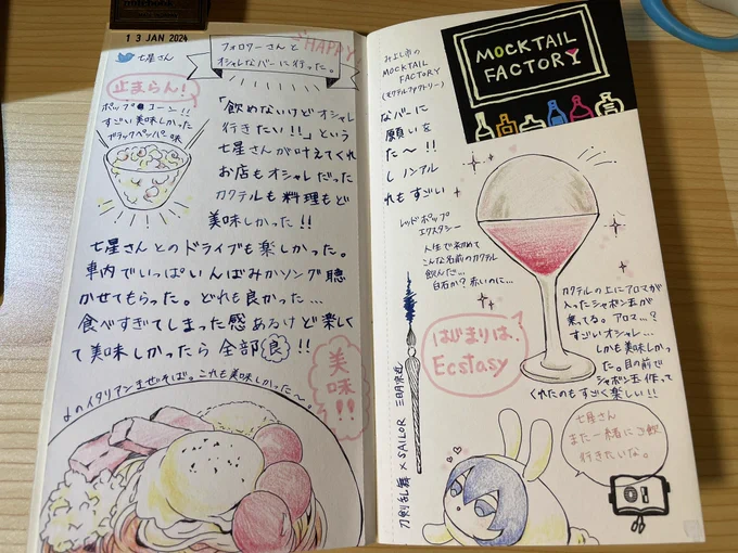 トラベラーズノートにお出掛けログのようなものを書いてるんだけど万年筆に慣れてない感が酷い文字…これ慣れるんかなぁ フォロワーさんとご飯に行ったときのー