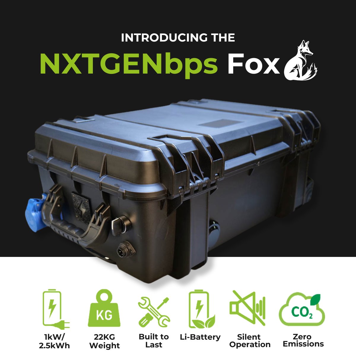 The <a href="/nxtgenbps/">NXTGENbps</a> Fox 1kW/2.5kWh portable battery is one of a series of #zeroemission, silent #greenbattery generators and is designed to provide portable electrical power up to a maximum of 16A, with a 230VAC industrial output. Get in touch to find out more! bit.ly/3O8kgym
