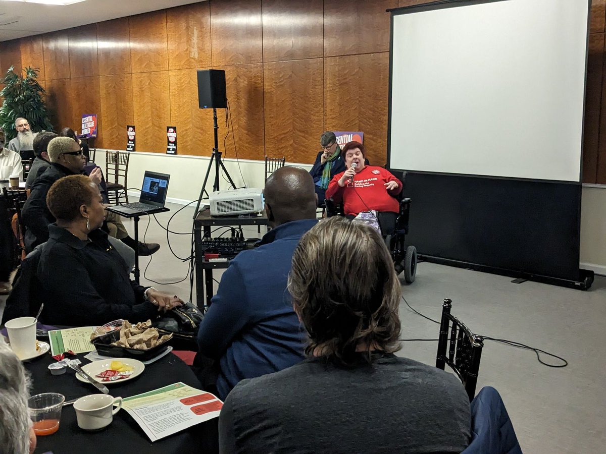 We're in Albany hearing from Angela Harmer, a CDPA consumer from Lansingburgh, as she shares her personal experience with MLTC at the @CaringMajority Legislative Breakfast. #FairPay4HomeCare