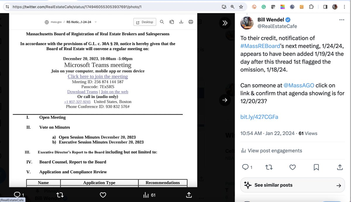 #RegulatoryCapture: 8:30a before tomorrow's public meeting, agenda still links to 12/20/23

Grounds to cancel meeting given importance of legal actions occurring vs #RECartel & @TheJusticeDept's ongoing review of #MLSpinSettlement

#BuyerAgency on agenda?

bit.ly/4batROU