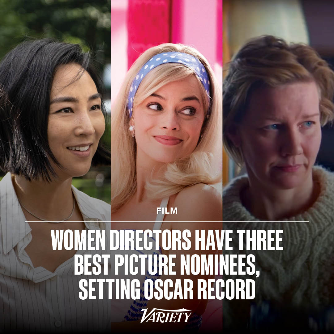 Variety's tweet image. For the first time in history, three of the 10 movies nominated for best picture — Justine Triet’s “Anatomy of a Fall,” Greta Gerwig’s “Barbie” and Celine Song’s “Past Lives” — were directed by a female auteur, the most recognized in the #Oscars' history. variety.com/2024/film/awar…