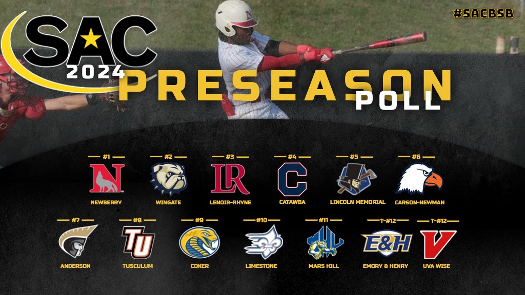 South Atlantic Conference (@sac_athletics) on Twitter photo ⚾️ 𝗕𝗮𝘀𝗲𝗯𝗮𝗹𝗹 𝗣𝗿𝗲𝘀𝗲𝗮𝘀𝗼𝗻 𝗣𝗼𝗹𝗹
The SAC announced its 2024 Baseball Preseason Poll and All-Conference Teams.
Top 5:
1⃣ <a href="/NewberrySports/">Newberry Wolves</a>
2⃣ <a href="/WU_Bulldogs/">Wingate Bulldogs</a>
3⃣ <a href="/LRbears/">Lenoir-Rhyne Bears</a>
4⃣ <a href="/CatawbaIndians/">Catawba College Athletics</a>
5⃣ <a href="/LMURailsplitter/">LMU Railsplitters</a>
📰: thesac.com/x/odams
#MakeSACYours #SACBSB ⚾️ 𝗕𝗮𝘀𝗲𝗯𝗮𝗹𝗹 𝗣𝗿𝗲𝘀𝗲𝗮𝘀𝗼𝗻 𝗣𝗼𝗹𝗹
The SAC announced its 2024 Baseball Preseason Poll and All-Conference Teams.
Top 5:
1⃣ <a href="/NewberrySports/">Newberry Wolves</a>
2⃣ <a href="/WU_Bulldogs/">Wingate Bulldogs</a>
3⃣ <a href="/LRbears/">Lenoir-Rhyne Bears</a>
4⃣ <a href="/CatawbaIndians/">Catawba College Athletics</a>
5⃣ <a href="/LMURailsplitter/">LMU Railsplitters</a>
📰: thesac.com/x/odams
#MakeSACYours #SACBSB