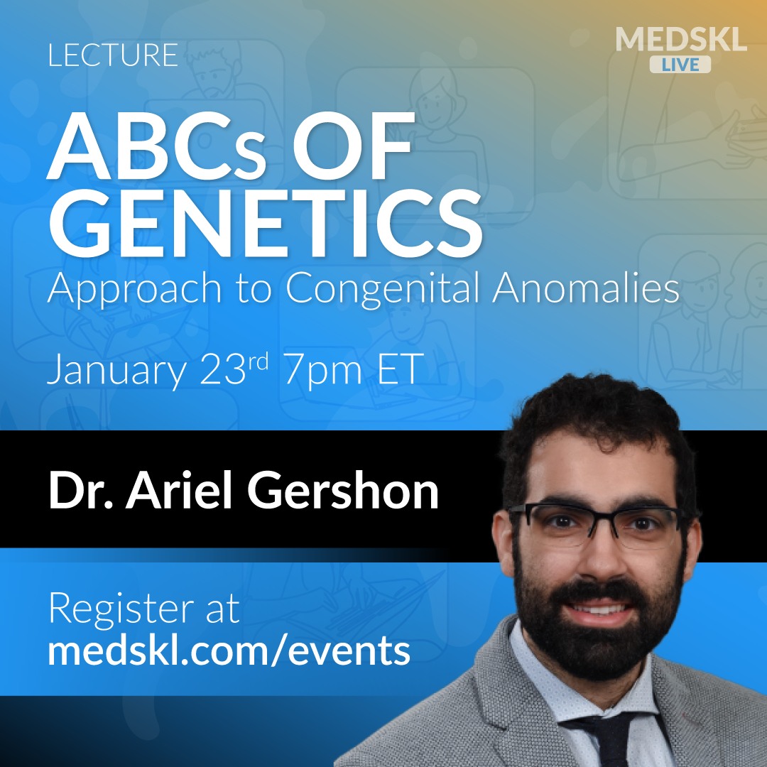 Today, Jan 23rd, 7pm EST, I'm hosting a lecture on MEDSKL for #medicalstudents. Interested in learning about Medical Genetics. Basics of Genetics with a focus on describing congenital anomalies. medskl.com/events #medtwitter #foamed #pediatrics #medicine