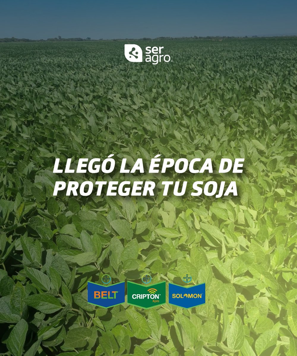 Llegó la época de proteger tu soja con Cripton, Belt y Solomon 🙌🏼🌱

✅ Cripton: fungicida que tiene efecto residual y aporta vigor a las plantas

✅ Belt: Este insecticida que controla las orugas más importantes

✅ Solomon: control efectivo de chinches, orugas, trips y picudos