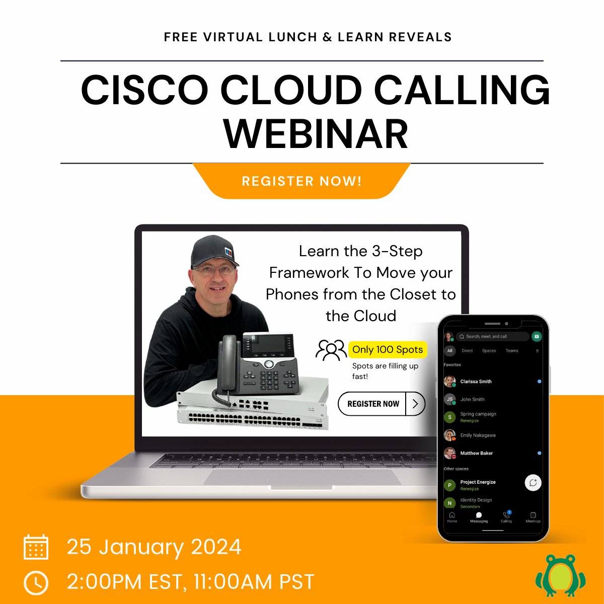 Join Bullfrog Group for a Free Virtual Lunch &amp; Learn which reveals 3 Cloud Calling Secrets! Learn the 3-Step Framework To Move your Phones from the Closet to the Cloud. This webinar is very limited seating #CiscoCloudCalling #bullfroggroup 
business. oal.lu/mWgxc