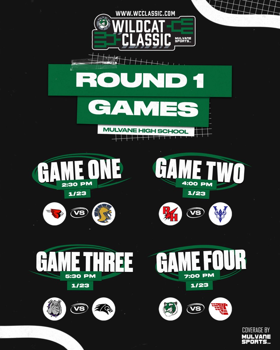 MulvaneSports's tweet photo. Wildcat Classic Game Day - Round 1
Watch live on HUDL TV / Team1Sports App
https://t.co/9gbsNhzu98

Game 1 - 2:30pm
[1] Conway vs [8] Collegiate

Game 2 - 4:00pm
[4] Rose Hill vs [5] Winfield 

Game 3 - 5:30pm
[3] Ark City vs [6] Campus

Game 4 - 7:00pm
[2] Mulvane vs [7] North https://t.co/MeMBlcNXy3
