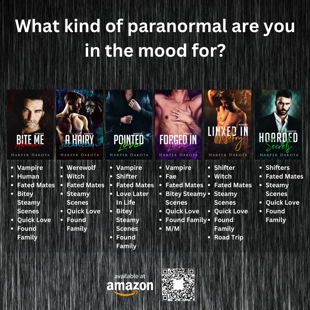 The Nightwood Clan
Each book focuses on a different couple, although previous characters appear! There are sexy scenes and insta-love type of relationships with fated mates, low angst, paranormal romance. amzn.to/3GJIavA
#nightwoodclanseries #paranormalromance