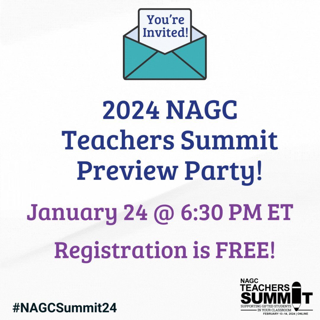Join NAGC &amp; teachers nationwide for the FREE NAGC Teachers Summit Preview Party! Hear from the presenters as they give you a sneak peek at their sessions!   

Register for the FREE preview party👉 buff.ly/3SnzH8n  

Learn more about the Summit👉 buff.ly/3ugnOr9