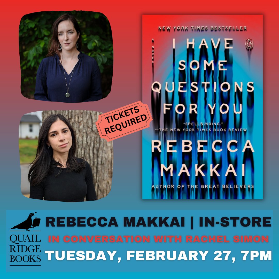 Thrilled to share that I'll be chatting with author @rebeccamakkai about her *phenomenal* new novel I HAVE SOME QUESTIONS FOR YOU at @quailridgebooks on 2/27. #Raleigh friends, come join! quailridgebooks.com/event/rebeccam…