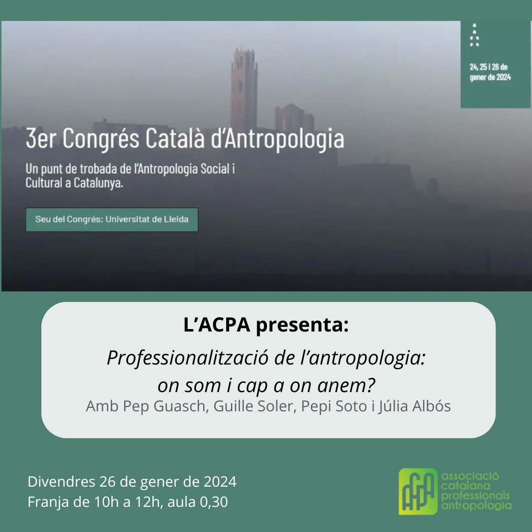 🟢Nova data!

Aquest divendres serem al #COCAntropologia amb <a href="/sulivella/">Pep Guasch Capell</a> <a href="/GuilleSoler3/">Guille Soler</a>, Pepi Soto i Júlia Albós

Parlant sobre la professionalització de l’antropologia.

Us hi esperem! #onéslantropologia