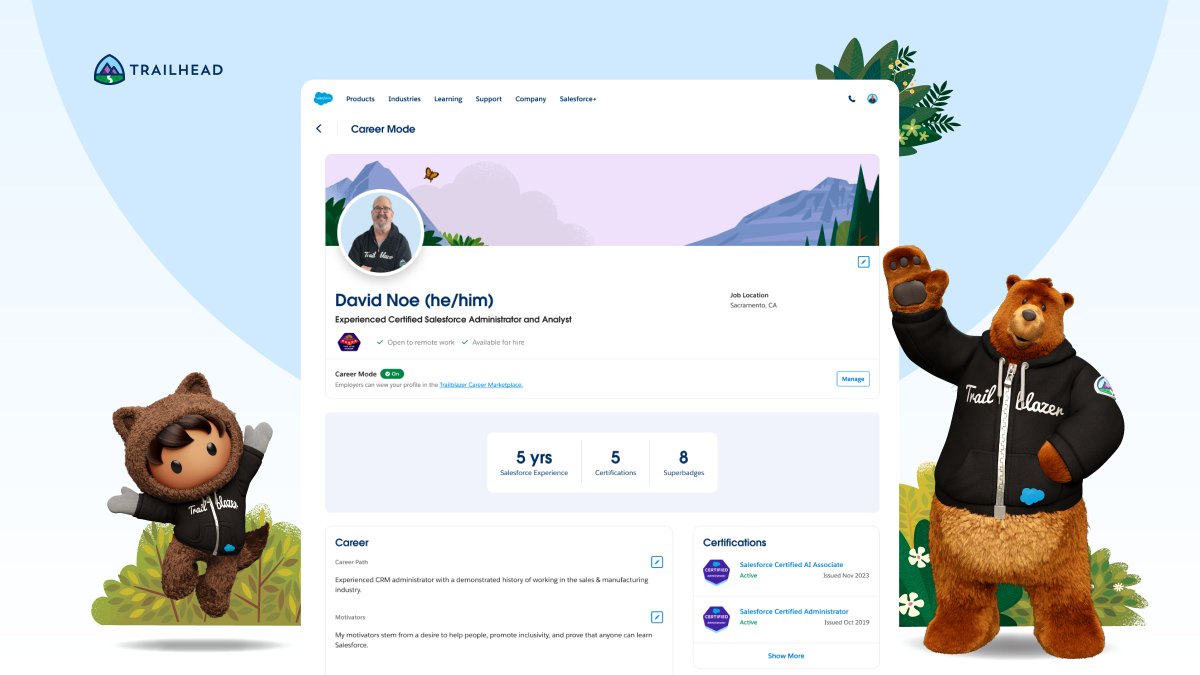 Your next employer could be waiting for you in the new Trailblazer Career Marketplace. ✨

Turn on the Career Mode view of your Trailblazer Profile to show employers your Salesforce skills, work history, projects, and more. 🏆

Uncover more: sforce.co/3vKnkdL