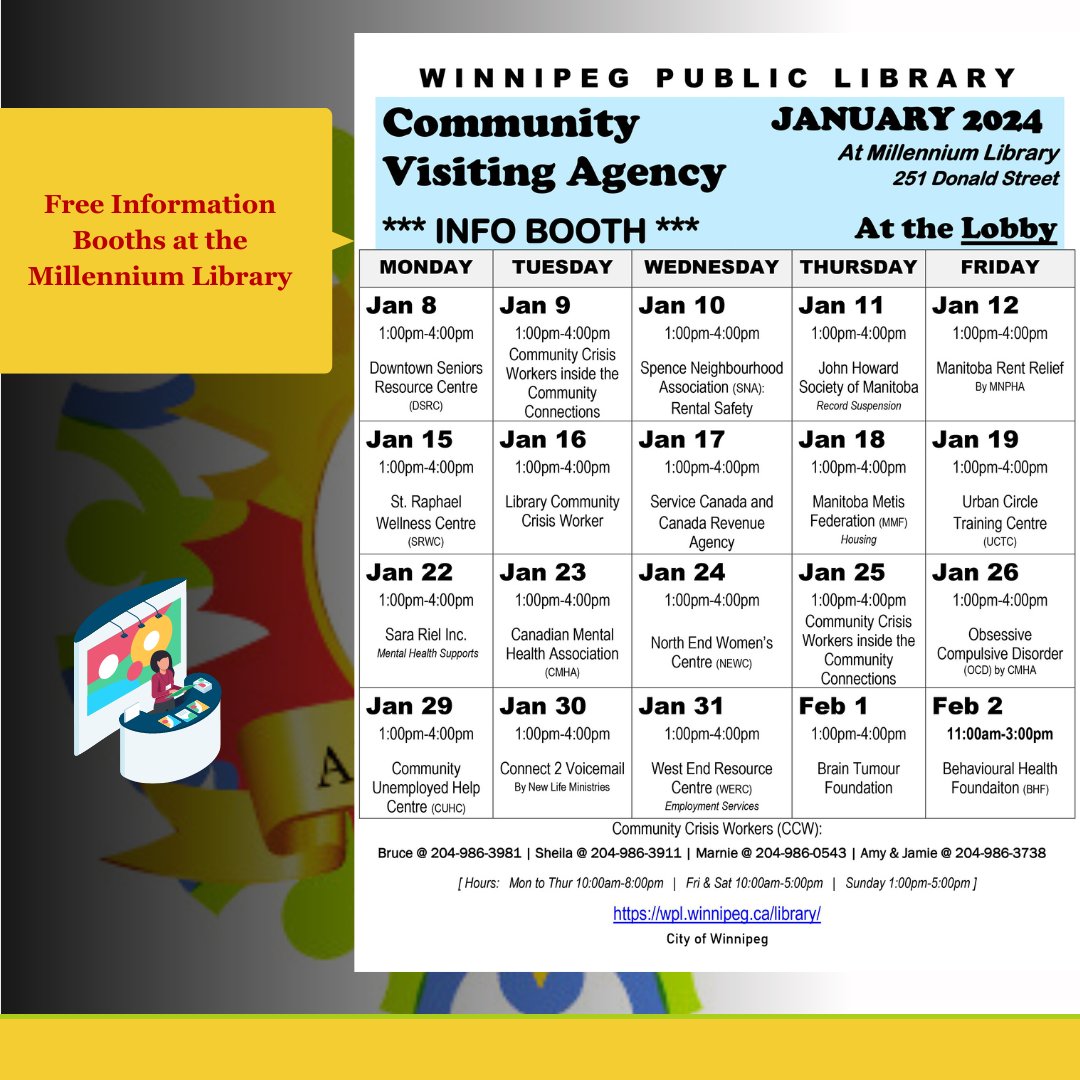 🌟 Newcomers, dive into a wealth of community services at the Millennium Library's info booths! Discover the array of offerings from local agencies—all tailored to enhance our community. Join us today to explore these valuable resources! #CommunityServices #winnipegfornewcomers
