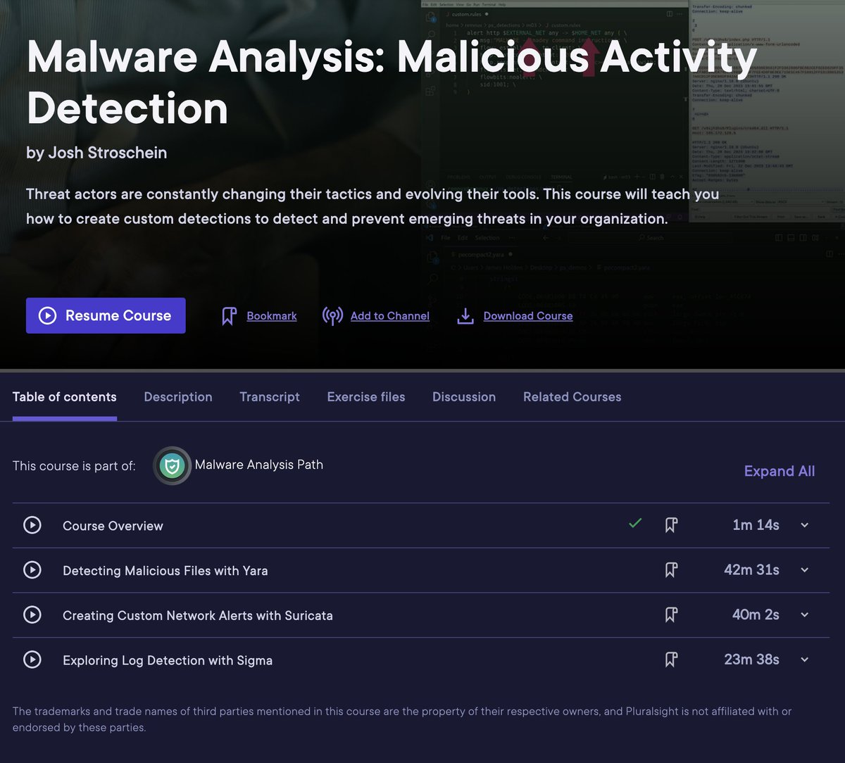 My latest @pluralsight course live! This course will introduce you to three key detection technologies - #suricata, #yara and #sigma 👇 ✅ pluralsight.com/courses/malwar… This continues the malware skill path, where you can learn triage and reversing skills app.pluralsight.com/paths/skills/m…