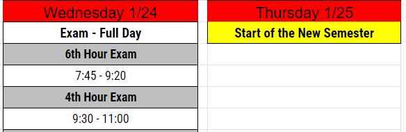 Due to the snow day, the last day of high school exams is rescheduled for Wednesday, January 24. Second semester classes for students 6th-12th will now begin on Thursday, January 25.

Students and parents, please check your email for more details.