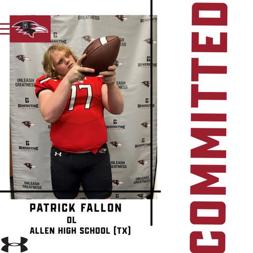 Patrick Fallon (@patrickfallon77) on Twitter photo All Glory to the man above, The Creator. Without prayers and hard work I wouldn’t be able to call <a href="/RavenFootballBC/">Benedictine Football</a> home, I am FULLY COMMITED and ecstatic to continue my Athletic and Academic career as a Raven. <a href="/CoachLWig/">Lee Wiginton</a> <a href="/coachjbroom/">John Broom</a> <a href="/LarryWMcrae/">Coach Larry McRae</a> <a href="/Coach_Gonzales/">Victor Gonzales, Jr.</a> #BTB #AUP All Glory to the man above, The Creator. Without prayers and hard work I wouldn’t be able to call <a href="/RavenFootballBC/">Benedictine Football</a> home, I am FULLY COMMITED and ecstatic to continue my Athletic and Academic career as a Raven. <a href="/CoachLWig/">Lee Wiginton</a> <a href="/coachjbroom/">John Broom</a> <a href="/LarryWMcrae/">Coach Larry McRae</a> <a href="/Coach_Gonzales/">Victor Gonzales, Jr.</a> #BTB #AUP