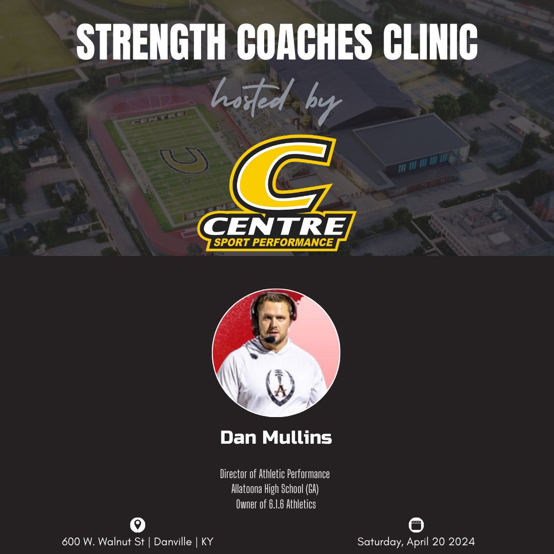 Our next speaker for the first @CentreSportPerf Strength Coaches Clinic - @CoachDMullins Sign up link ⤵️⤵️⤵️ docs.google.com/forms/d/e/1FAI… Coach Mullins is currently the Director of Athletic Development at Allatoona High School in Georgia. In his capacity, Coach Mullins supervises…
