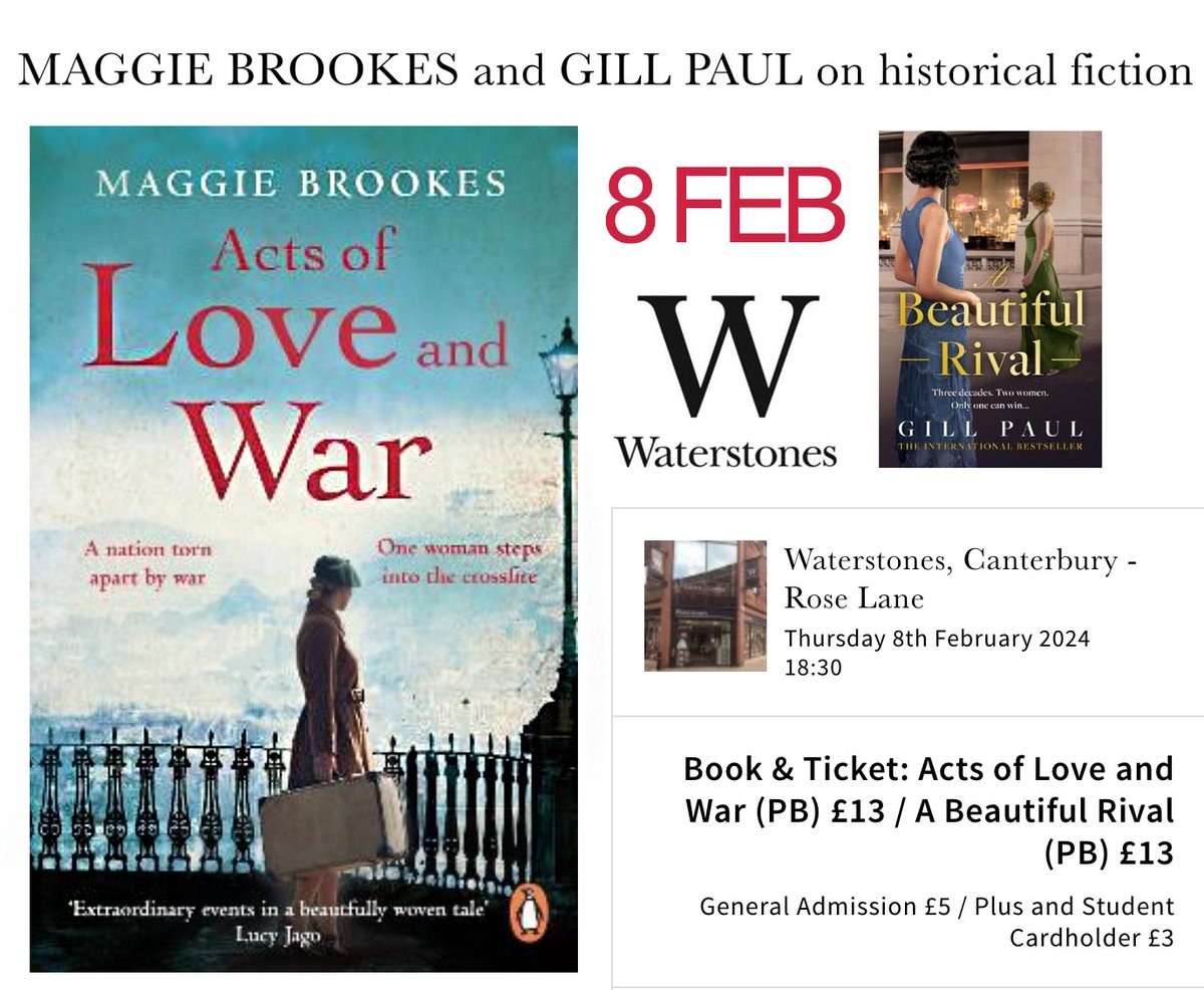 Maggie & Gill in conversation about writing historical fiction: an event at Canterbury Waterstones #bookshop this Feb. Why not bring your writing group along? Book here: bit.ly/3HtipjN #kentwriters #historicalfiction @WaterstonesRose #canterburyevents #books #literature