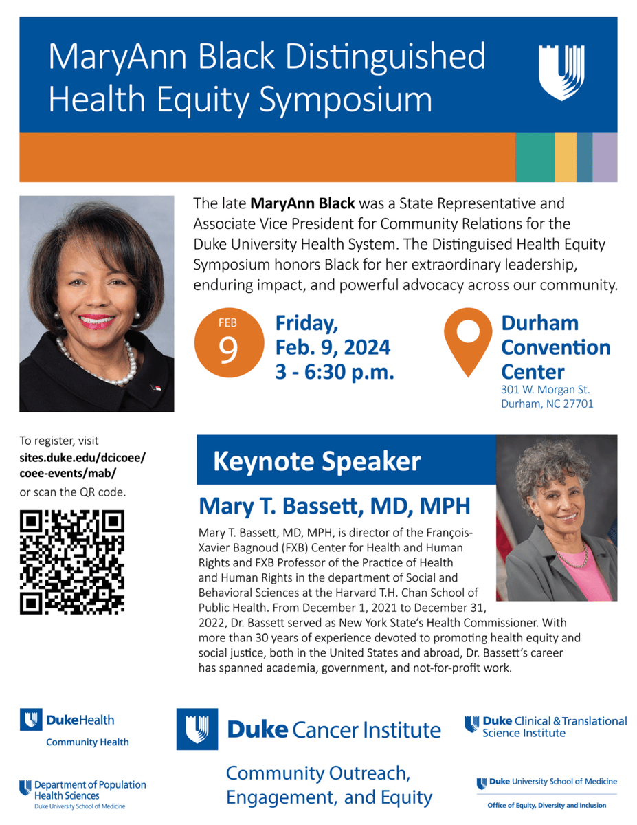 The DCI COEE team is thrilled to be hosting the MaryAnn Black Distinguished Health Equity Symposium featuring <a href="/DrMaryTBassett/">Dr. Mary T. Bassett</a> on Feb 9th 2024 at the Durham Convention Center. For those who registered for the event, be sure to mark your calendars!
<a href="/DukeCancer/">Duke Cancer</a> <a href="/Duke_CTSI/">Duke Clinical and Translational Science Institute</a>