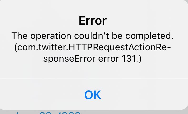 mgogel's tweet photo. Anyone know what this X Twitter error is?
How can I fix this? 
@Safety I get this pop up every 15mins. @XDevelopers 
#twitterbug #XError 

Error
The operation couldn't be completed. (com.twitter.HTTPRequestActionRe-
sponseError error 131.) https://t.co/wOnaGrQFbI