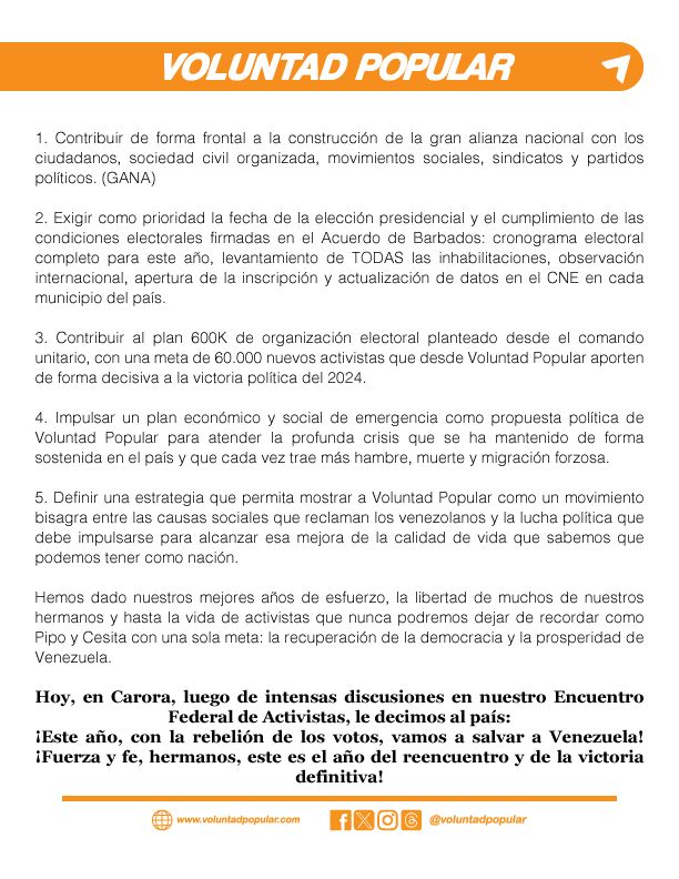 VoluntadPopular's tweet photo. DECLARACIÓN DE CARORA

Que el espíritu del 23 de enero de 1958 fortalezca nuestro compromiso inquebrantable para recuperar la democracia de nuestra patria.

Que en este 2024 podamos lograr un cambio en paz para poder vivir en Libertad.

Que en este año, en honor a nuestros mártires y héroes, demos el paso definitivo en esta larga marcha de la sociedad venezolana hacia la democracia.

¡Nunca más opresión!
¡Nunca más oprobio!
¡Nunca más dictadura!