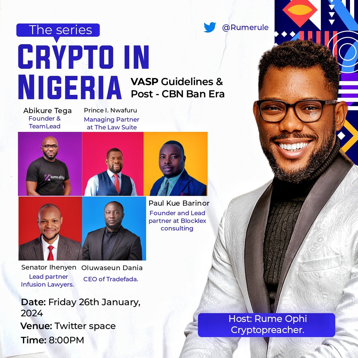 Rumerule's tweet photo. 🌐 **Uncover Impact:** Decoding CBN's Dec 22, 2023 guidelines

Featuring @seundania @KueBarinor @SenatorIhenyen @abikuretega @PNwafuru
👥 **Who's In:** Enthusiasts, Investors, Industry Pros - Let's shape Nigeria's crypto narrative together!
🔗 [https://t.co/hbavu8W6D3]
#Bitcoin https://t.co/GjIUVspTs5