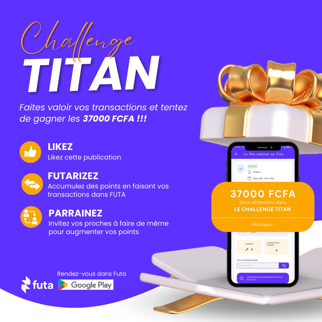 futaapp's tweet photo. 😏 Parce que chez @futaapp les fêtes ne finissent pas, vient prendre pour toi au calme avec le "Challenge Titan"! 😌
#futaapp #DeFi #champion #Cameroun https://t.co/6pELOz1SGe