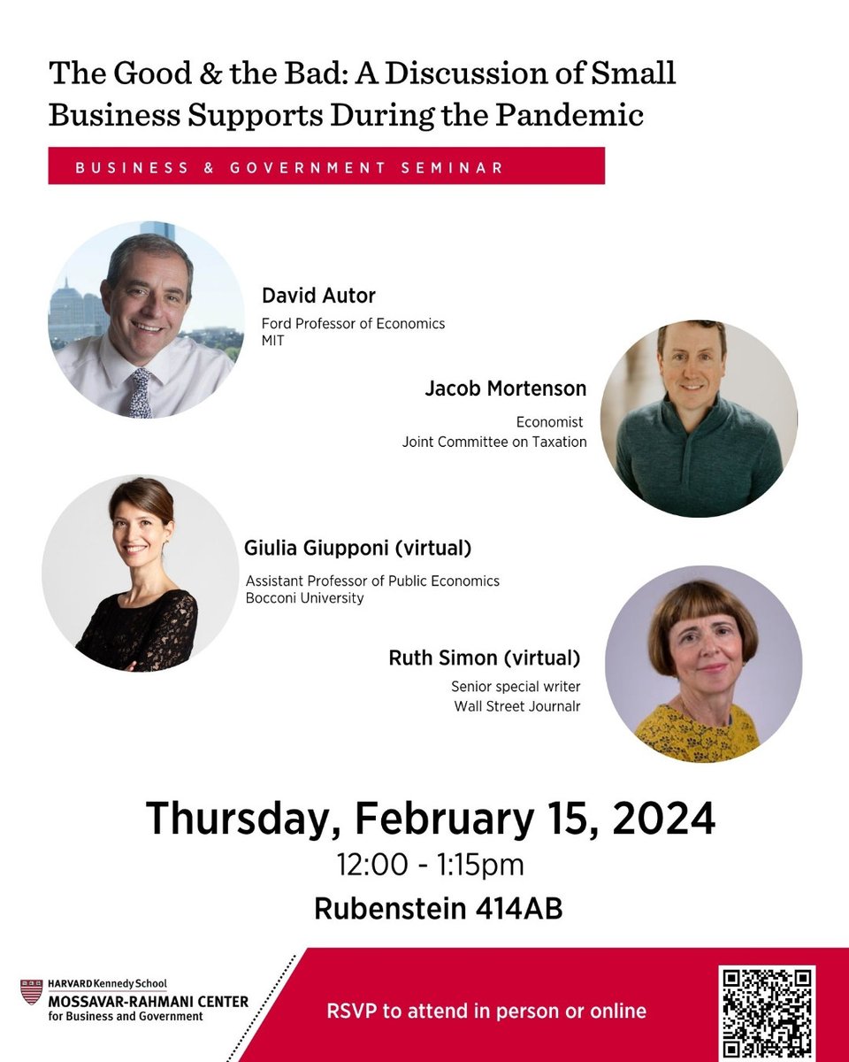 Don't miss this panel on Small Business & Worker Support Programs amid the Pandemic, Feb 15, 12-1:15 PM ET. Discussing program design, international experiences, and concerns about fraud & misuse. W/ @davidautor, @jm0rt, @giulia_giupponi & @RSimon18 hks.harvard.edu/events/discuss…