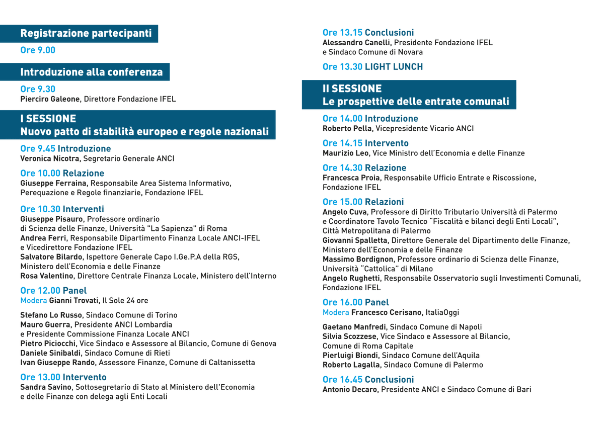 ORazionali's tweet photo. Legge di Bilancio, modifiche al patto di stabilità europeo, legge delega per la riforma fiscale: @FondazioneIFEL ne parlerà a Roma in occasione della sua 12ª Conferenza.

📅 Giovedì 25 gennaio | 9.30-17.00
📍 Ara Pacis | Roma

Accrediti: https://t.co/bWOk3X0wKI
Qui il programma👇 https://t.co/iTe4BTdlFs